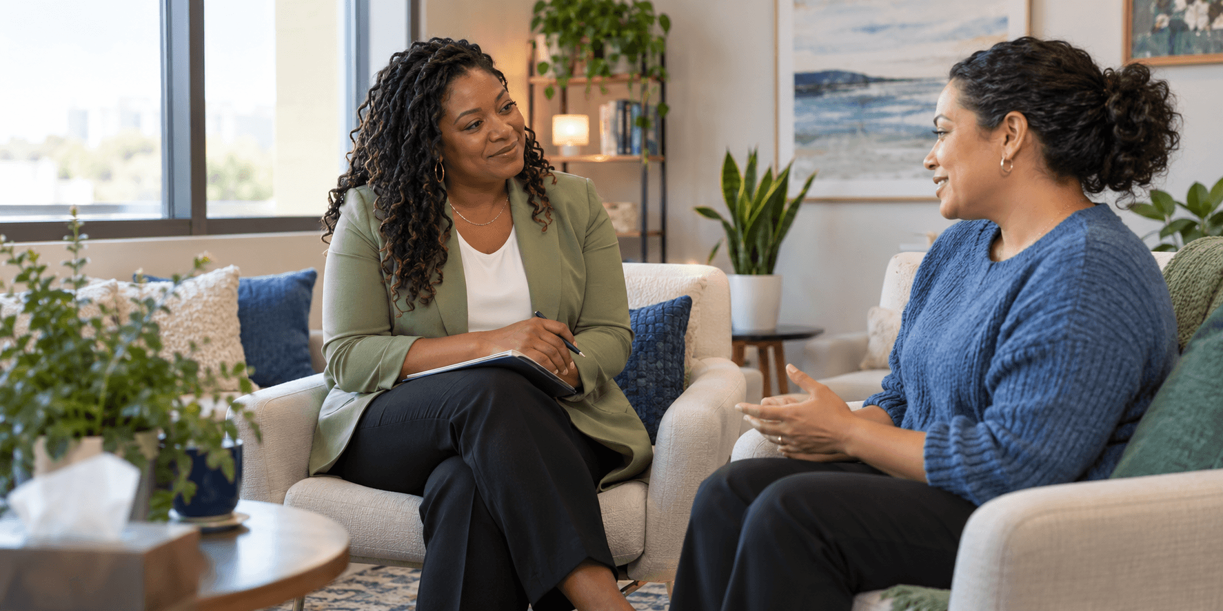 Behavioral health professional providing compassionate support during a counseling session