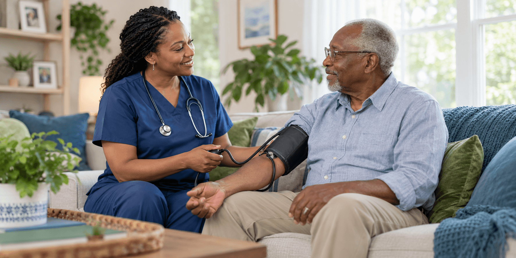 Home health nurse providing compassionate care to an older adult in his home