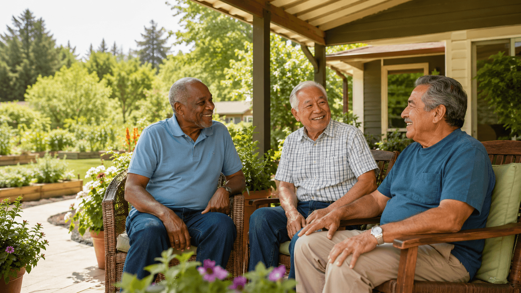 Three older adult men enjoying a conversation on the back porch of an independent living home