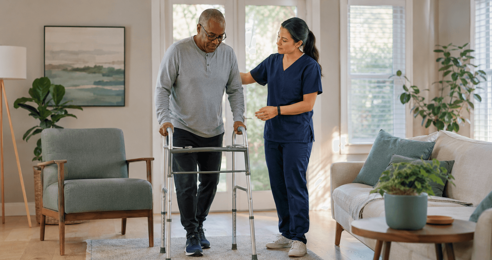 A physical therapist guiding an adult through a supported recovery exercise inside a residential home