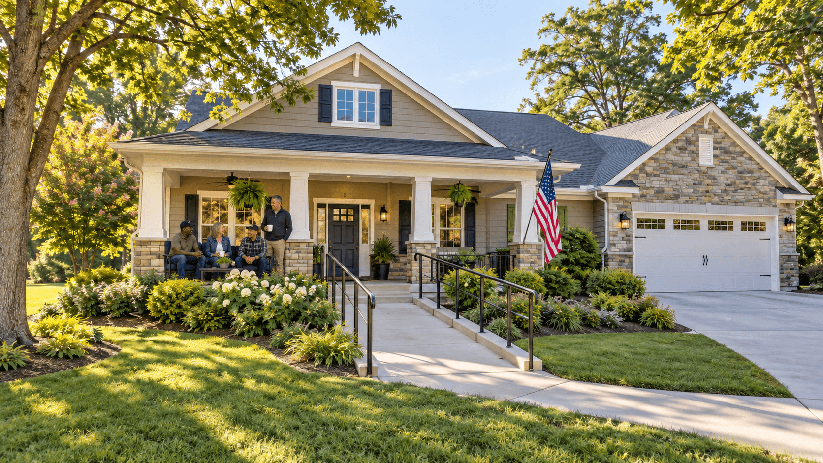 A diverse group of veterans socializing on the porch of an accessible residential home